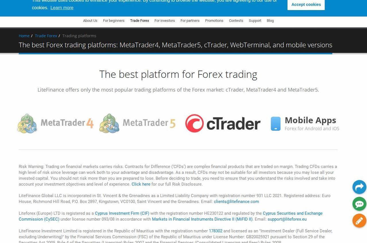 The platform page on the LiteFinance website