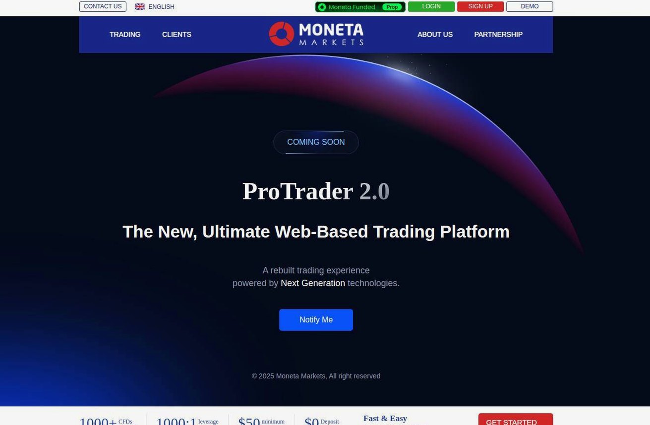 The platform page on the Moneta Markets website