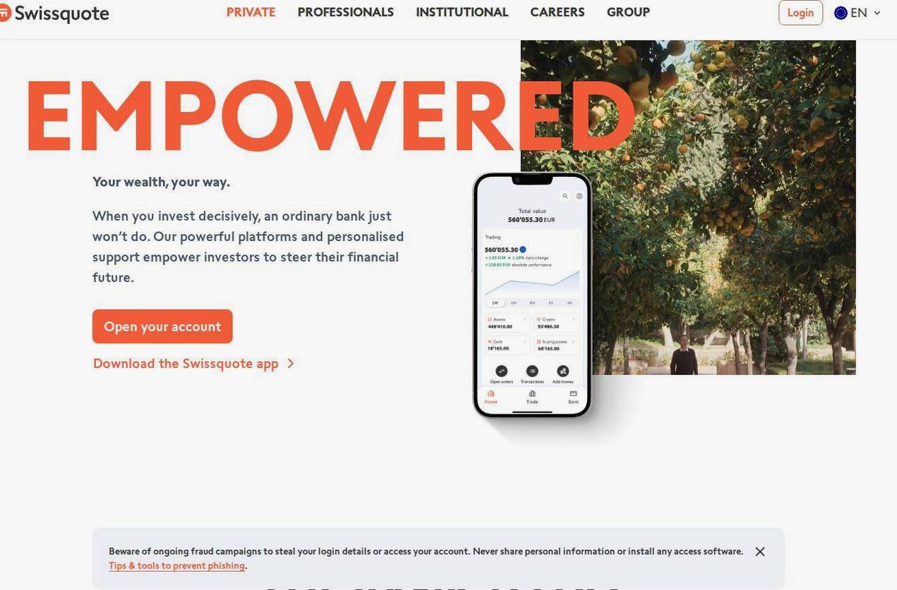 The platform page on the Swissquote website