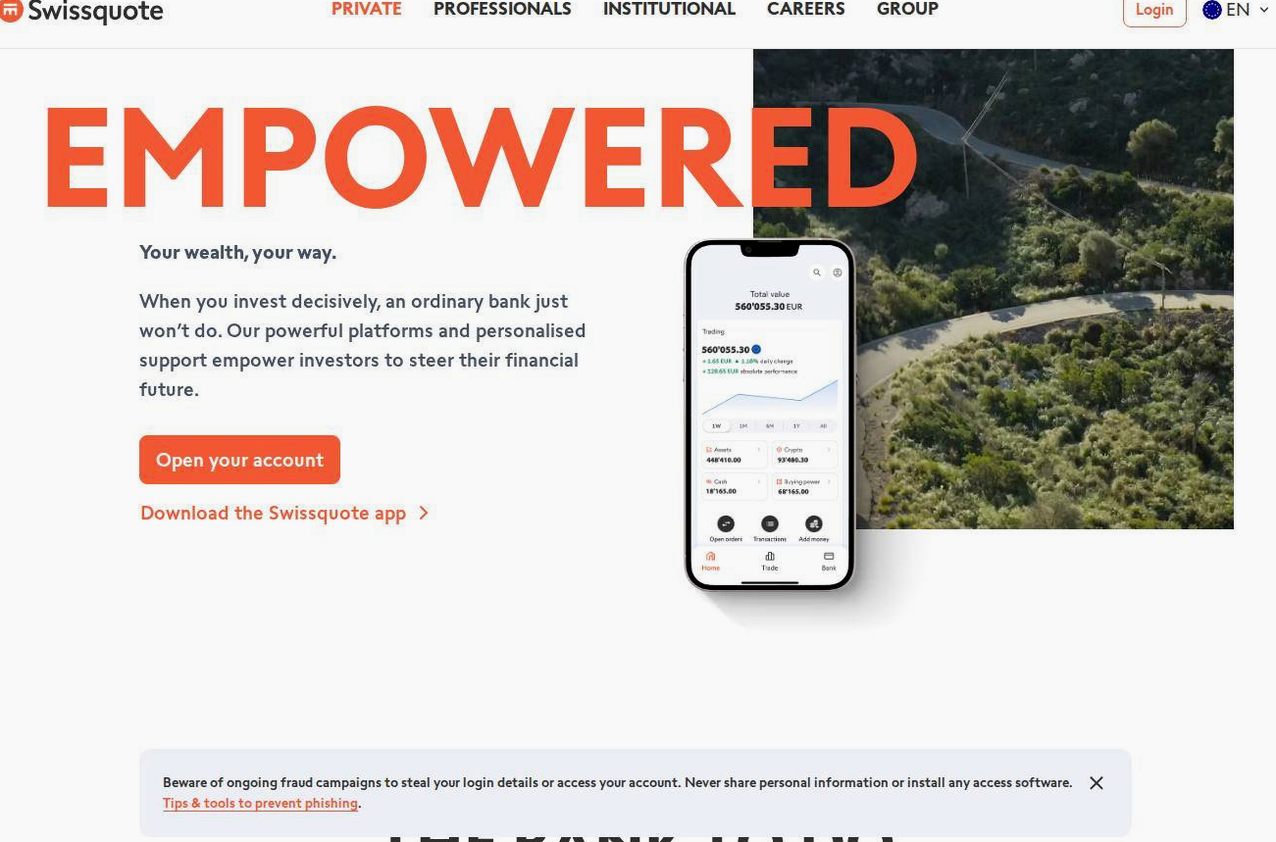 Screenshot of the Swissquote website