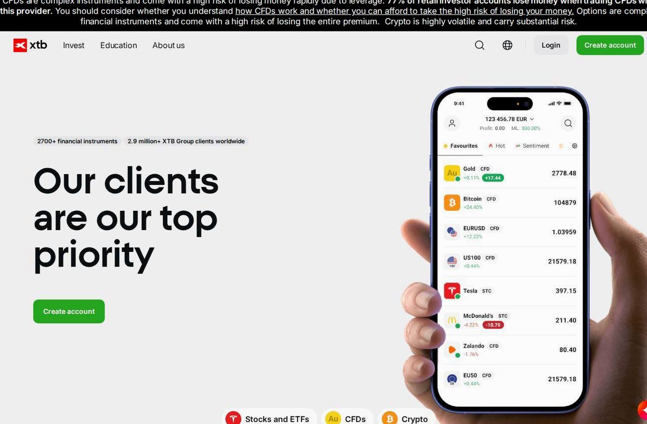 Screenshot of the XTB website
